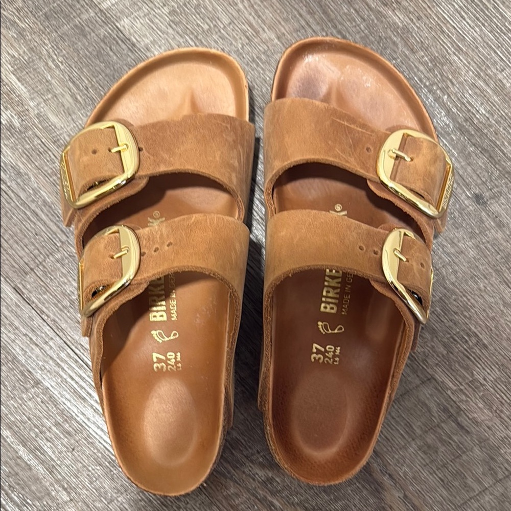 Birkenstock Tan Sandals with Gold Buckles